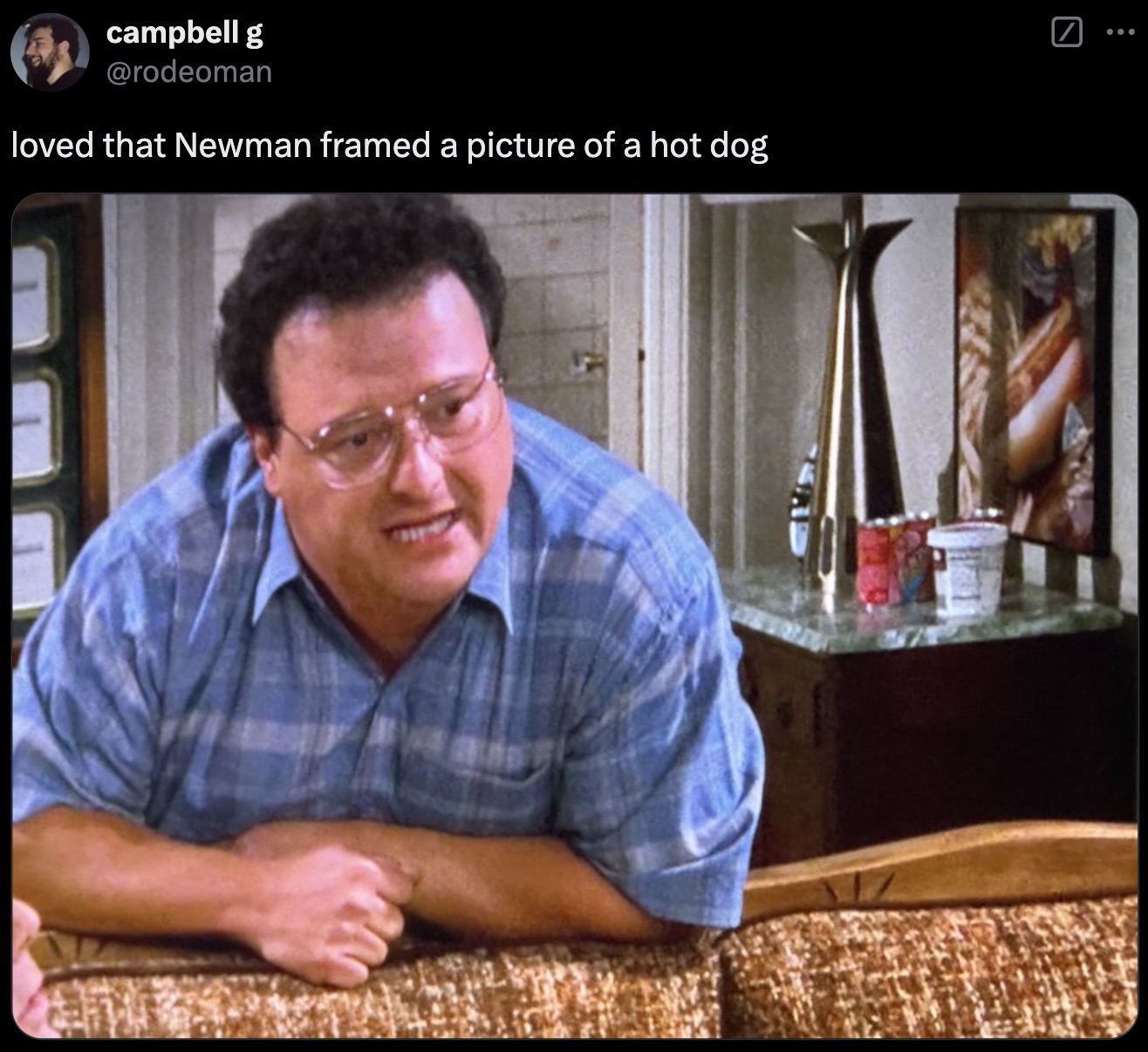 photo caption - campbell g loved that Newman framed a picture of a hot dog